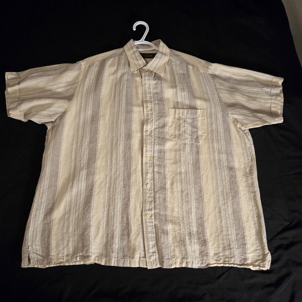 Tasso Elba Shirt Mens Large Beige 62% Linen Cotton Stripe Short Sleeve Button Up